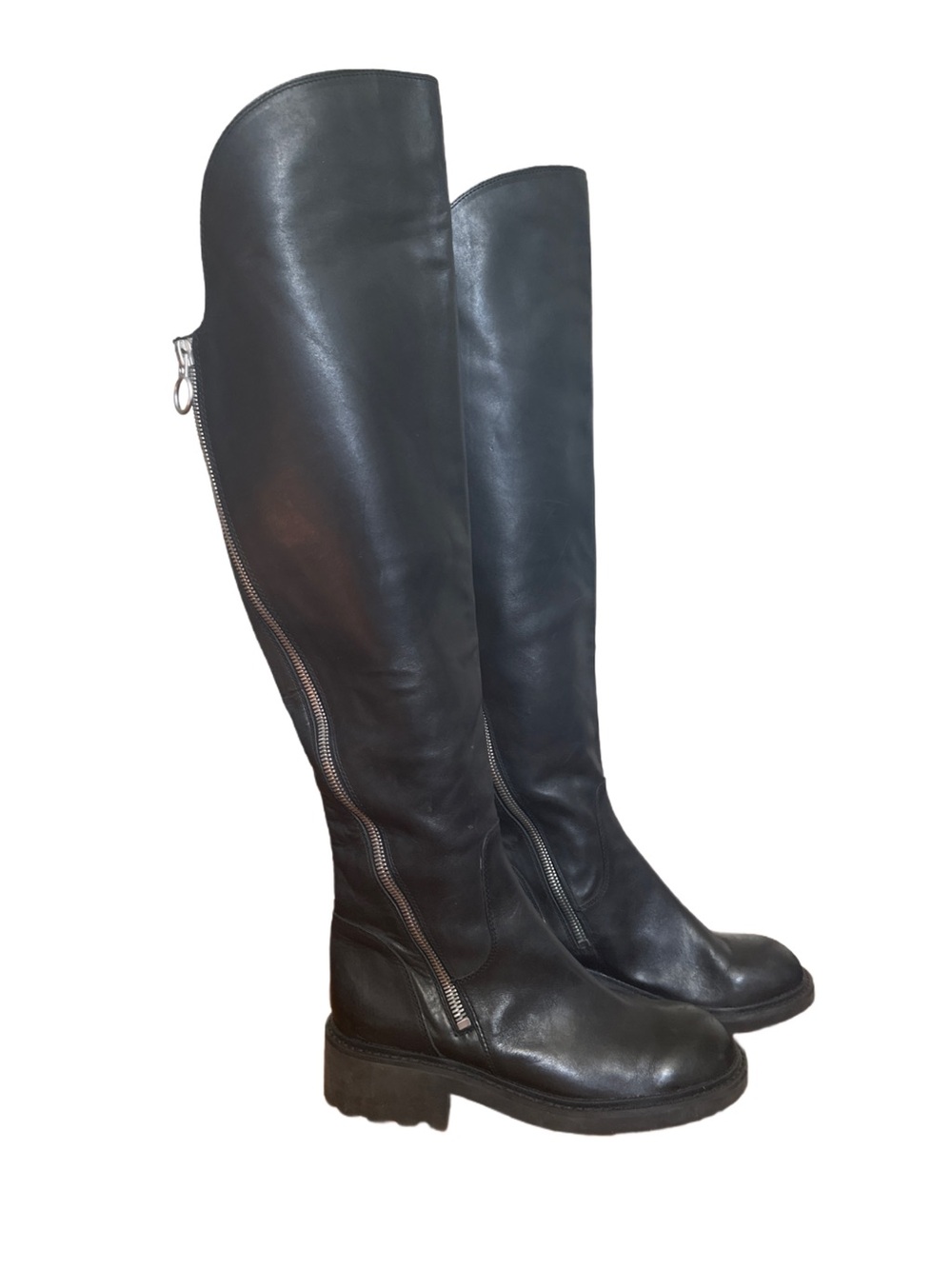 ASH Seven Black Leather Double Zip Over Knee Moto Boots EU 41